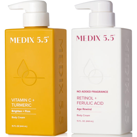 Medix 5.5 fragrance-free retinol body lotion packaging for fragrance-free daily hydration.