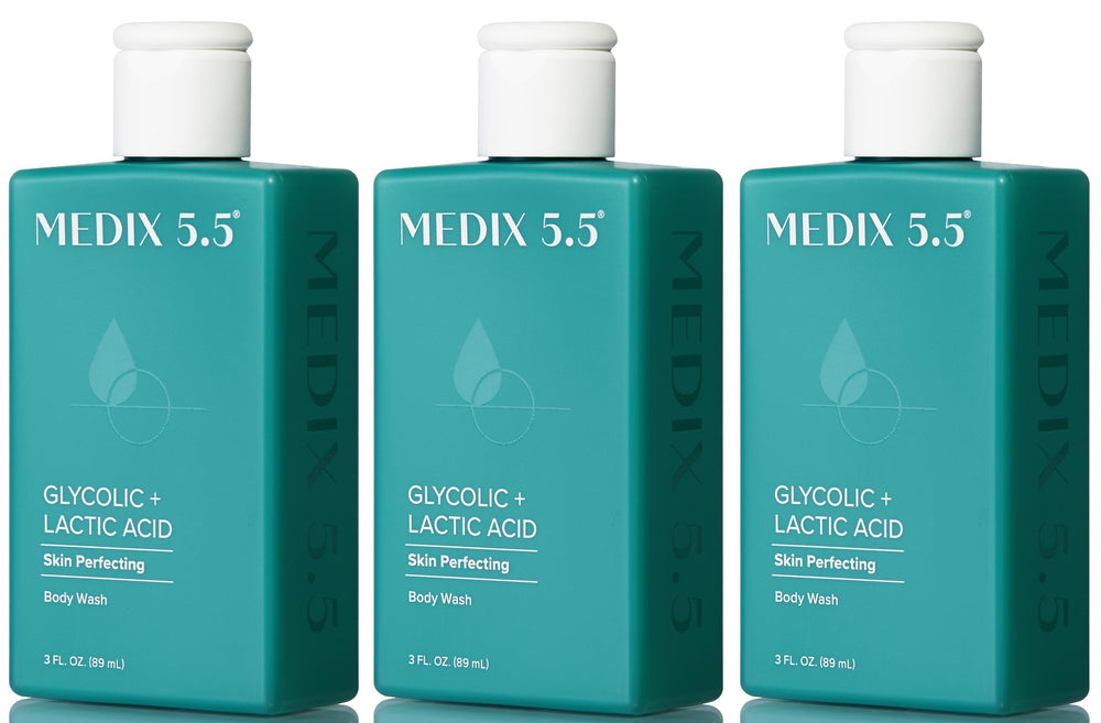Medix 5.5 Glycolic Body Wash bottle with smooth lather for softer skin.