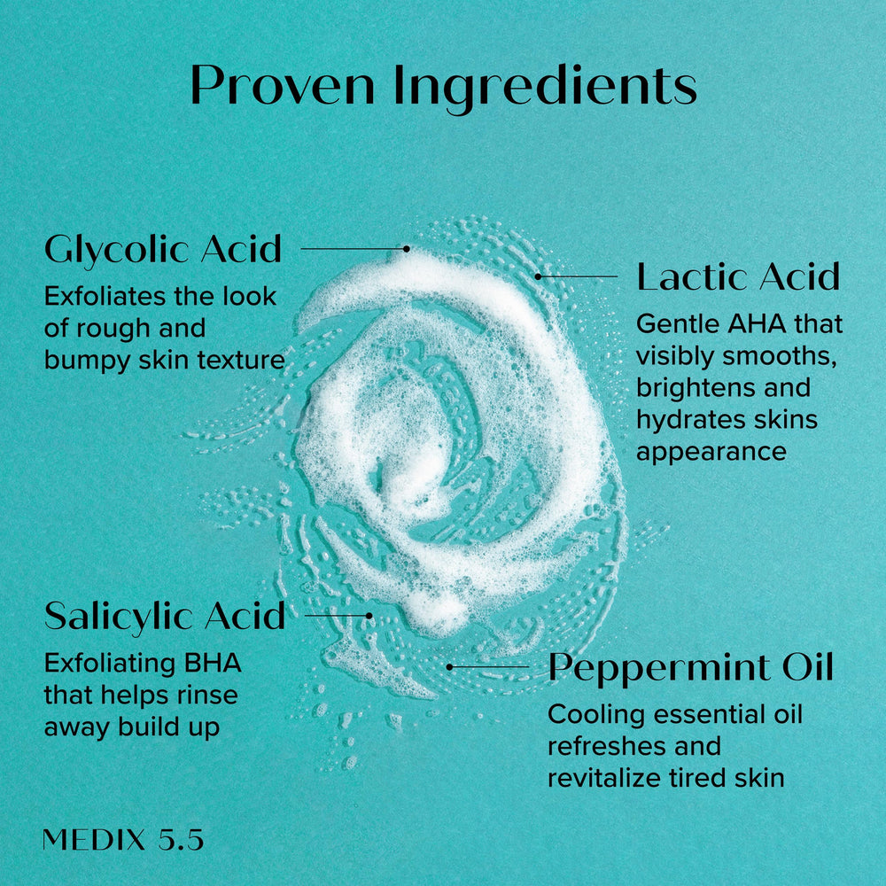 Medix 5.5 glycolic body wash lather closeup shows gentle exfoliation.