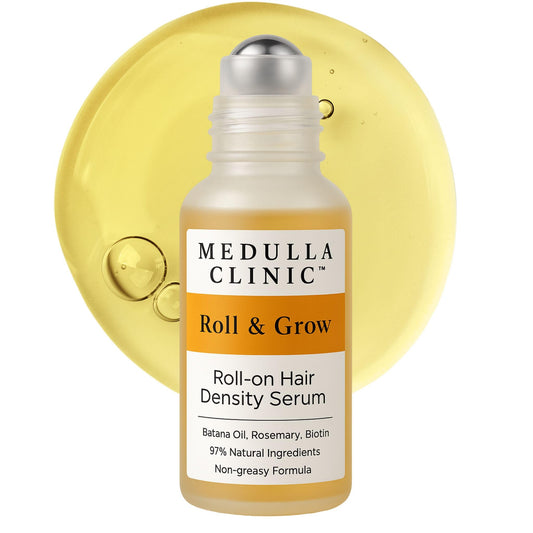 Medulla Clinic Hair Growth Serum Roll On bottle applying to scalp for targeted nourishment