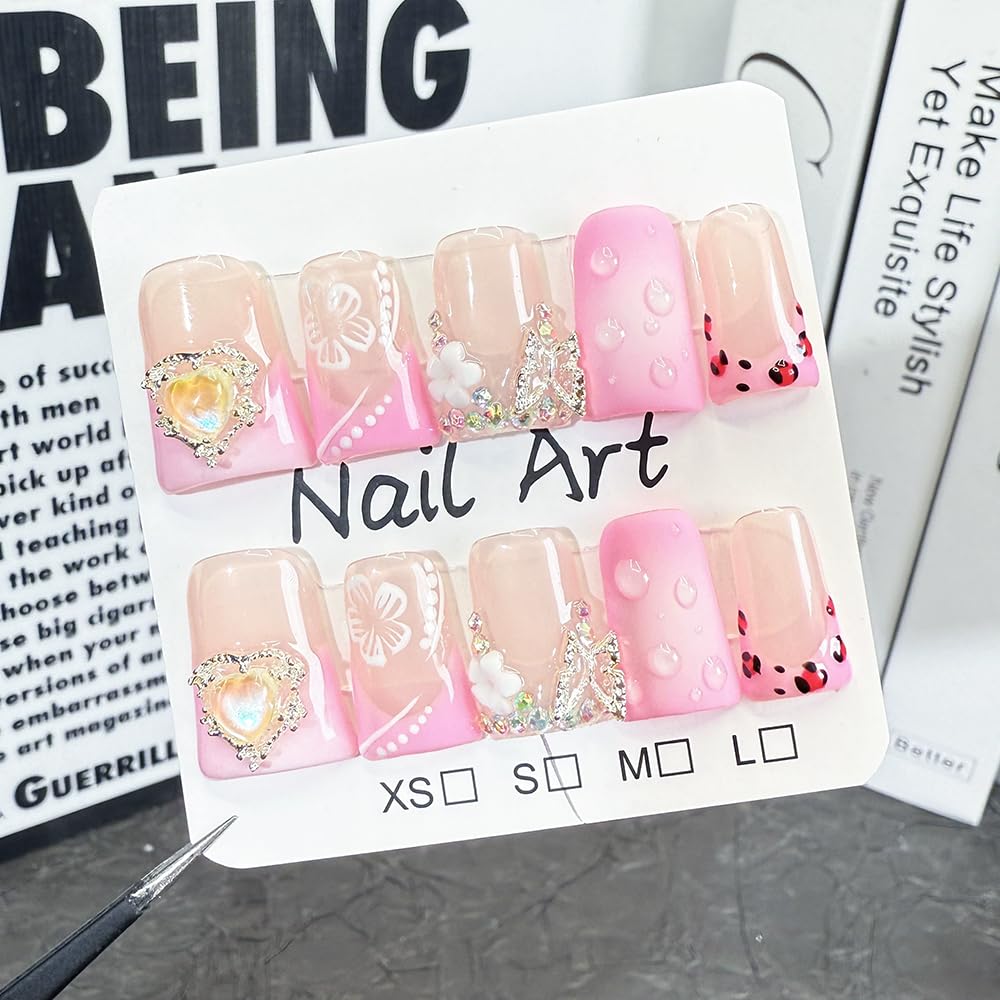 Meemooron Duck Press on Nails pink sparkly finish for instant luxury.