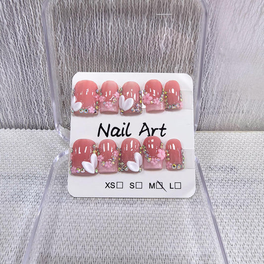 Meemooron square short nails with pink French tip, glossy finish.
