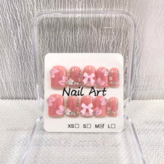 Meemooron square short press-on nails with pink French tip and 3D bow for chic elegance.