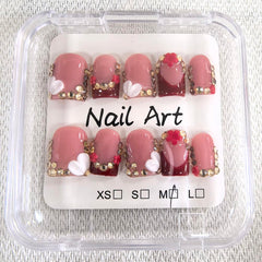 Meemooron square short red French tip nails with rhinestones for elegant sparkle.