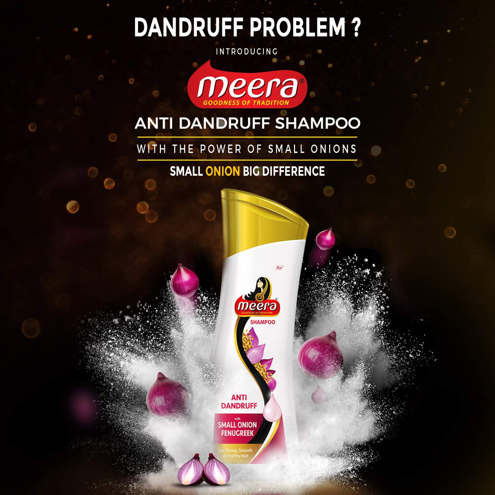 Meera Anti Dandruff Shampoo ingredients on pack highlighting onion and fenugreek