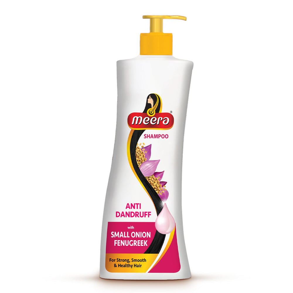 Meera anti-dandruff shampoo white bottle close-up for refreshing scalp cleanse.