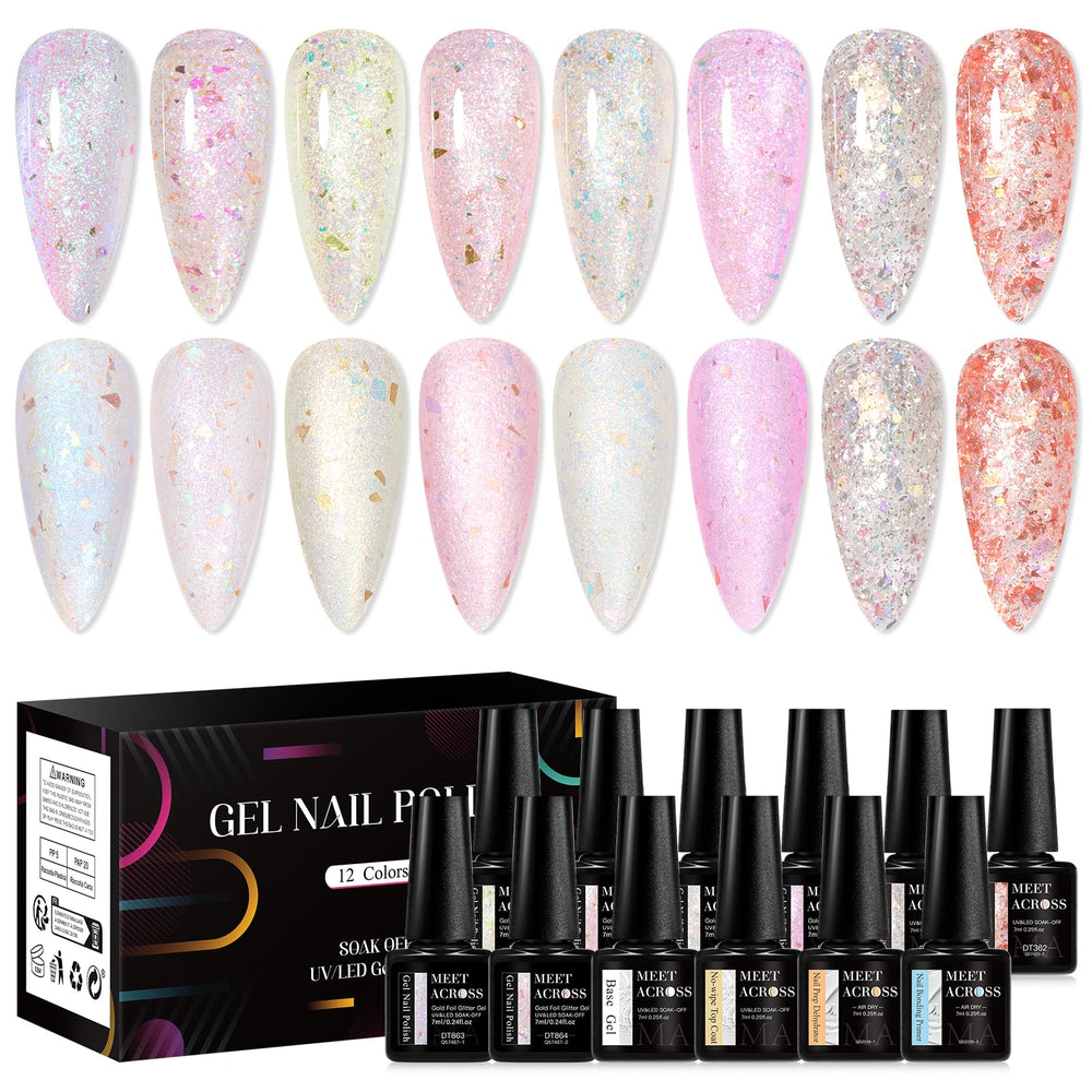 Meet Across 12-pcs gold foil gel nail polish set for easy at-home manicures.