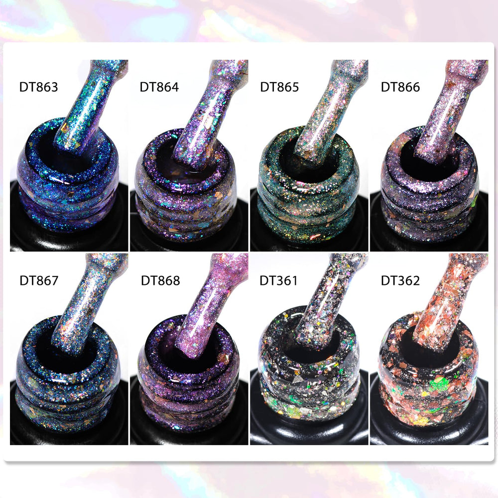 Meet Across glitter gel polish bottles with rich pigmentation.