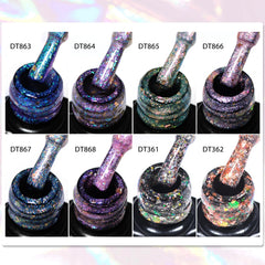 Meet Across glitter gel polish bottles with rich pigmentation.