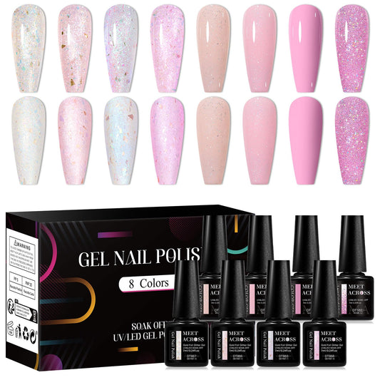 Meet Across glitter sequins gel nail polish set showing eight color options for at home use