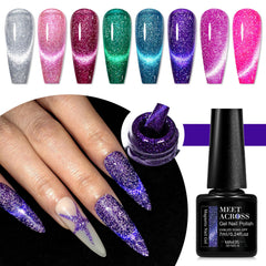 MEET ACROSS neon dark red gel with reflective sparkle.