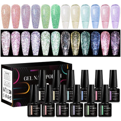 MEET ACROSS reflective glitter nail polish set bottles close-up for dazzling everyday nails.