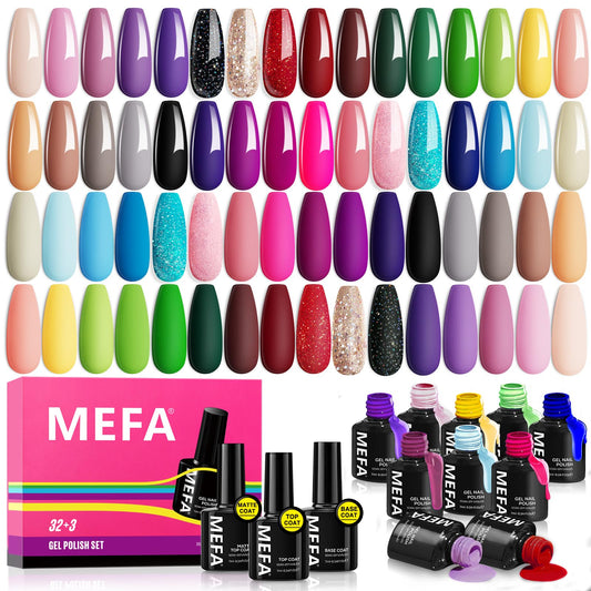 MEFA 35-piece gel nail polish set closeup on bottles shows color variety