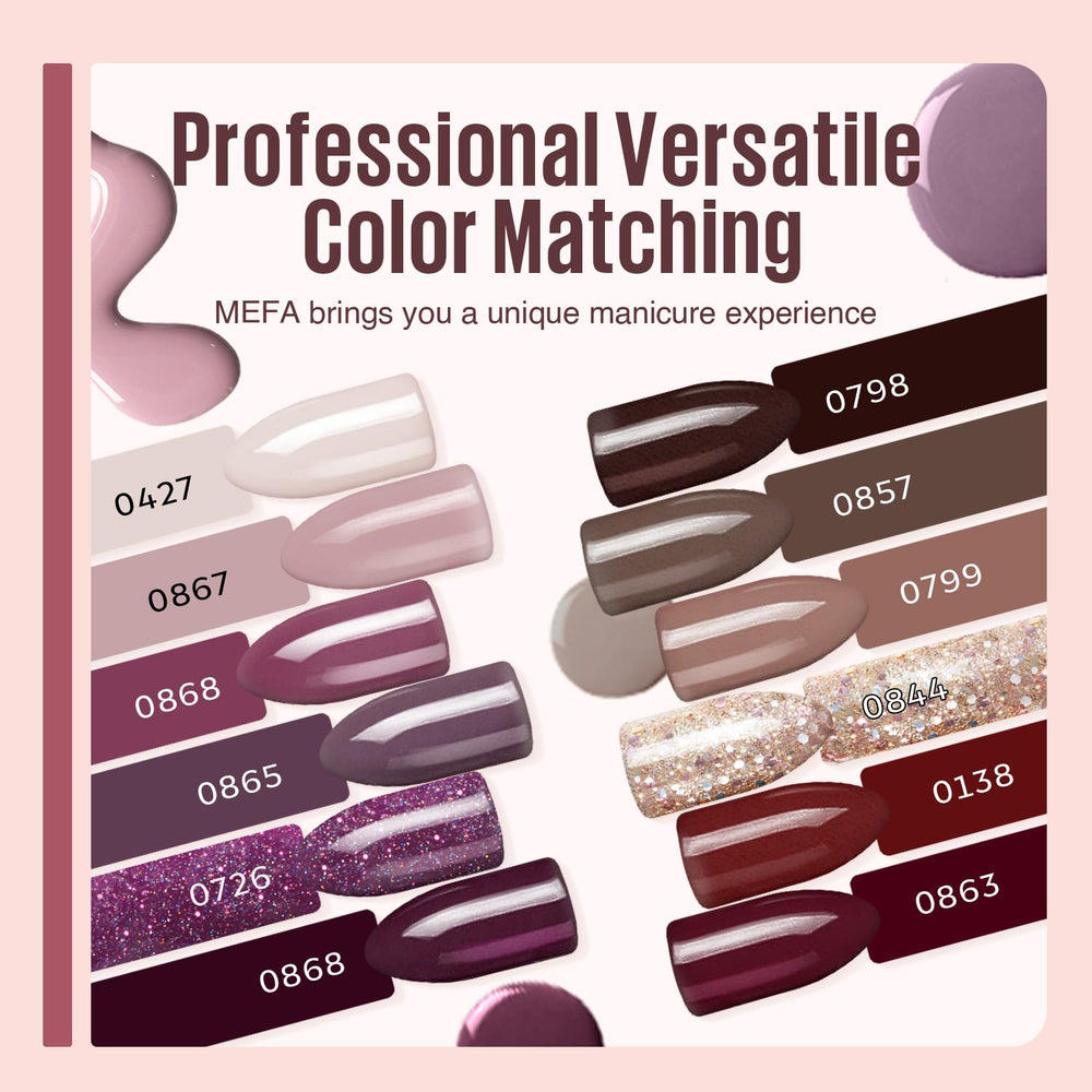 MEFA fall-winter 12-color set with burgundy and purples for chic nails.