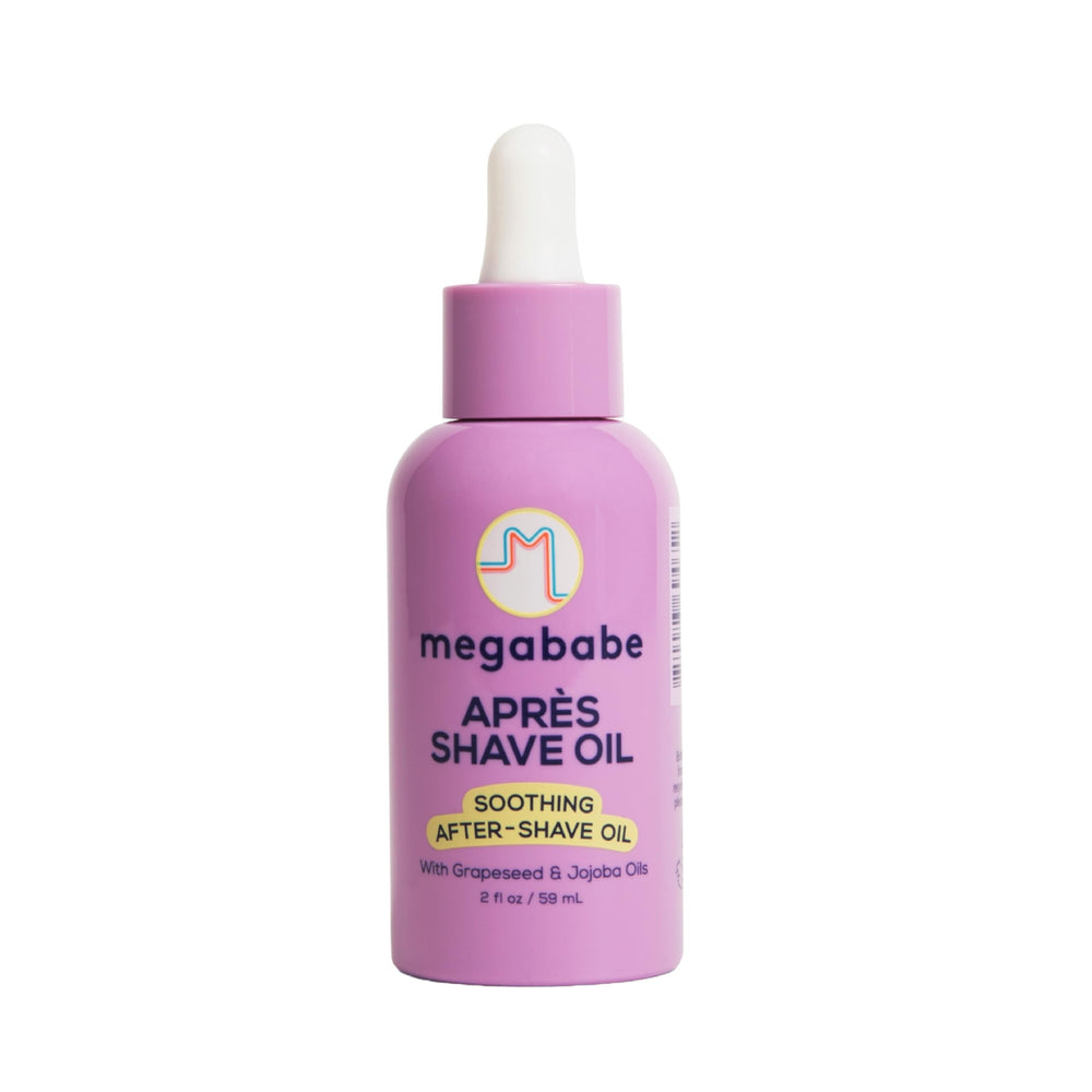 Megababe Après Shave Oil bottle for post-shave relief with a compact design.