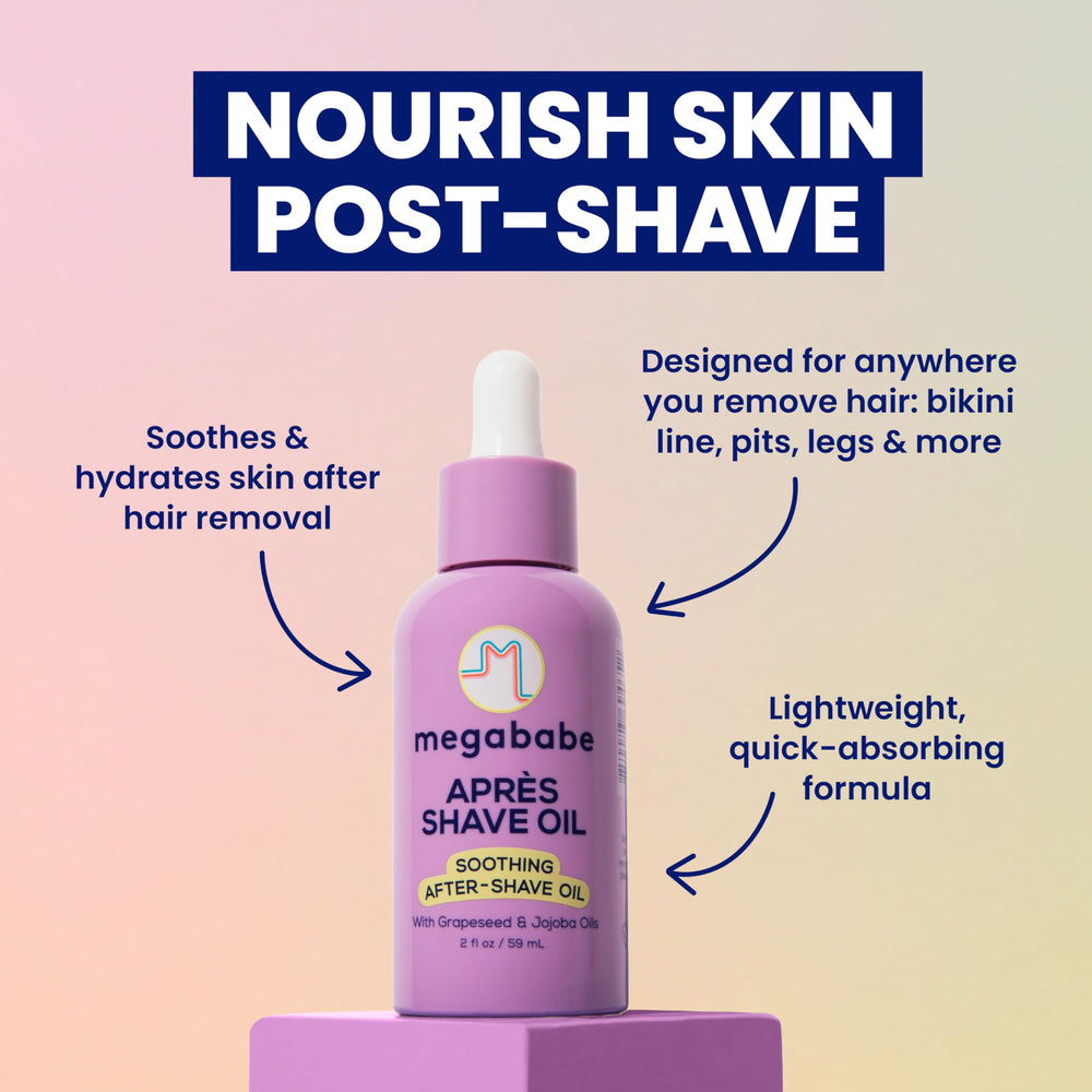 Megababe Après Shave Oil ingredients: five clean components for sensitive skin.