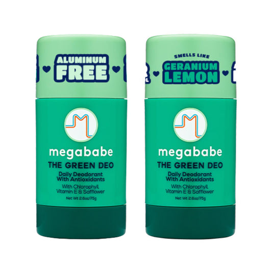 Megababe Daily Deodorant Green Deo front bottle provides aluminum-free odor protection.