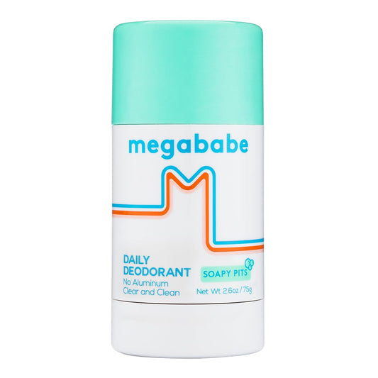 Megababe Daily Deodorant Soapy Pits bottle closeup, aluminum-free protection that’s clear