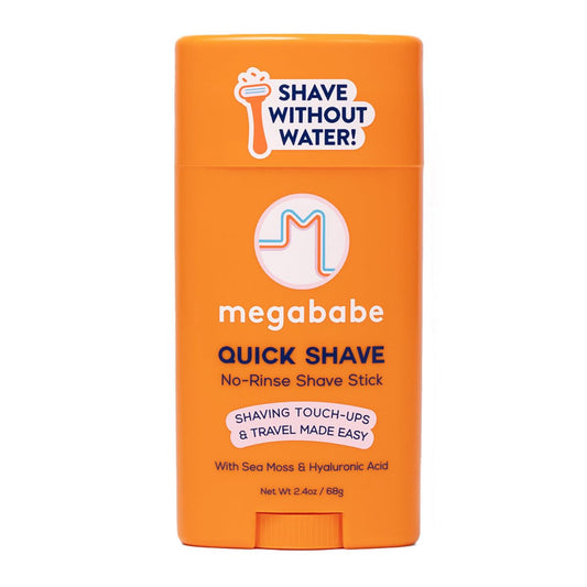 Megababe Quick Shave no-rinse stick packaging ideal for travel.