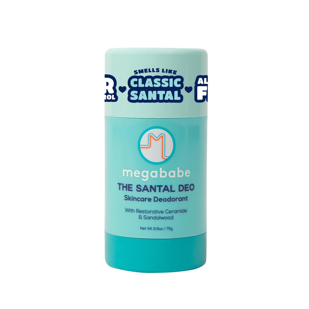 Megababe Santal Deo packaging shows aluminum-free design for sensitive skin.