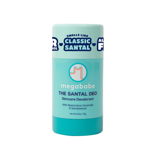 Megababe Santal Deo packaging shows aluminum-free design for sensitive skin.