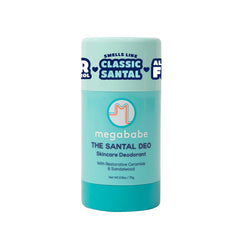 Megababe Santal Deo packaging shows aluminum-free design for sensitive skin.