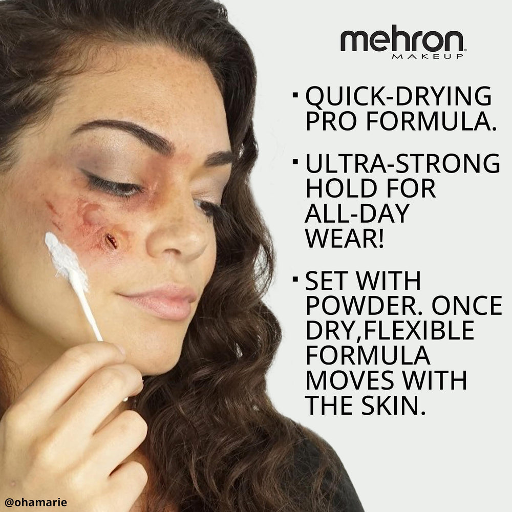 Zombie skin texture achieved with latex and cotton for decayed look.