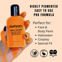 Mehron orange Liquid Makeup swatches showing vibrant color options.