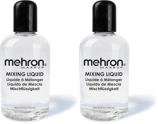 Mehron Mixing Liquid bottle close-up for long-wear, transfer-resistant makeup.