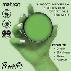Mehron Paradise AQ light green jar label highlights professional-grade color for performance.