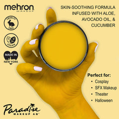 Mehron Paradise Makeup AQ yellow color swirl, water-activated for customizable consistency.