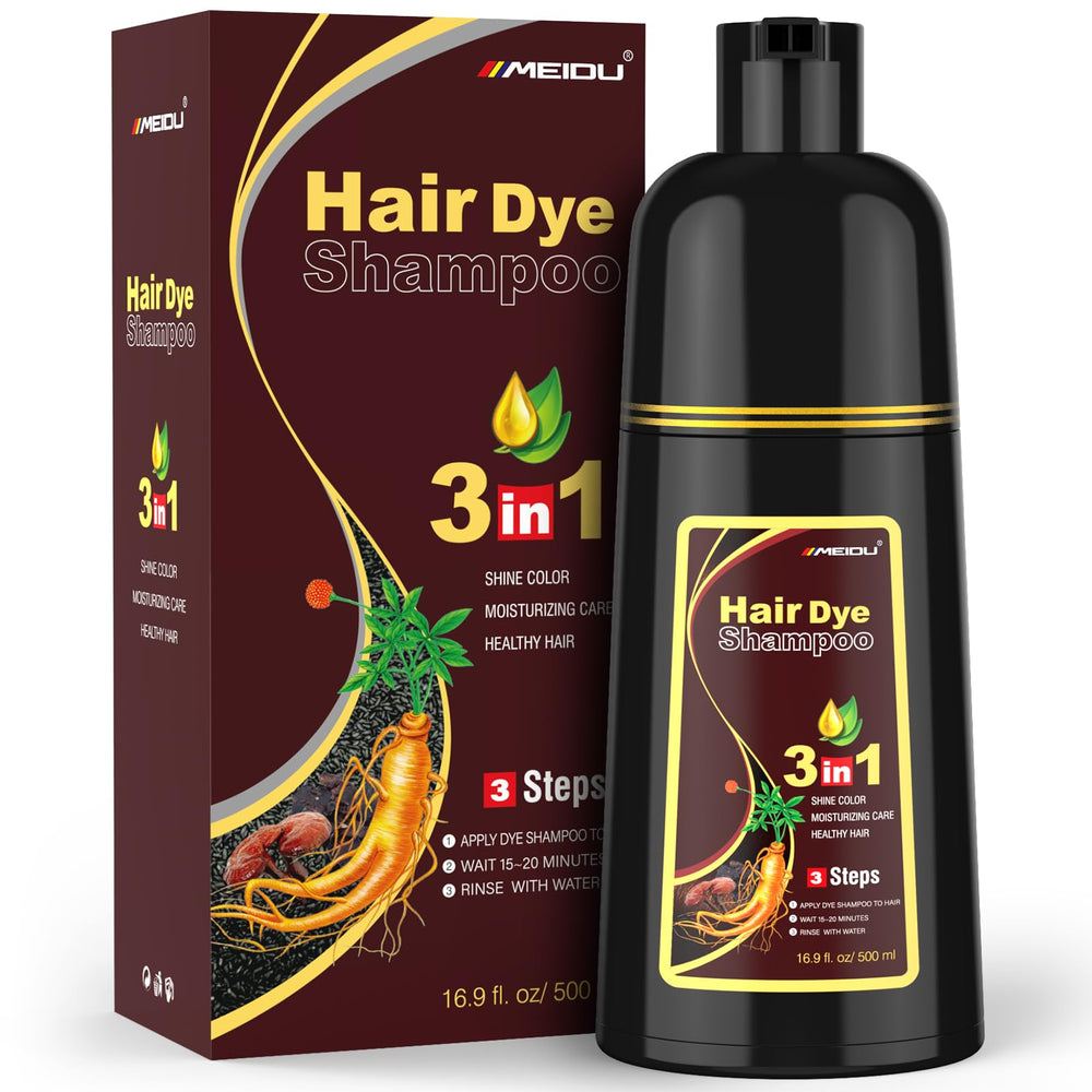 MEIDU Hair Dye Shampoo delivers dark brown coverage for gray hair.