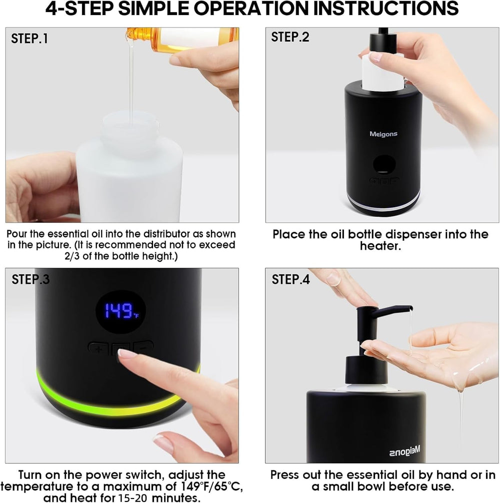 Meigons oil warmer heats a bottle of oil for massage sessions.