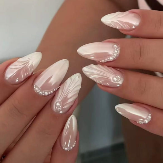 MeiTao handmade French tip press-on nails in almond chrome design for salon-style nails