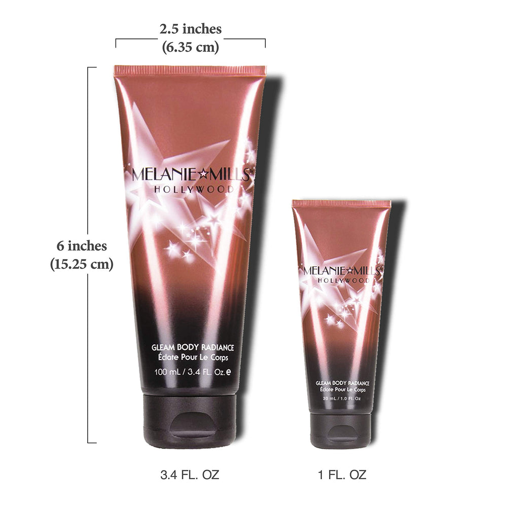Melanie Mills Hollywood Gleam Rose Gold bottle with natural ingredients for glow.