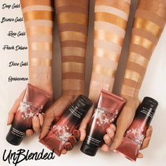 Melanie Mills Hollywood Gleam Rose Gold body glow highlights skin with subtle pink undertones.
