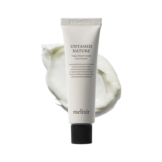 Melixir Untamed Nature hand cream bottle showing vegan hydration for daily use