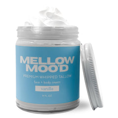 Mellow Moo'd whipped beef tallow face application showing quick-absorbing hydration for sensitive skin