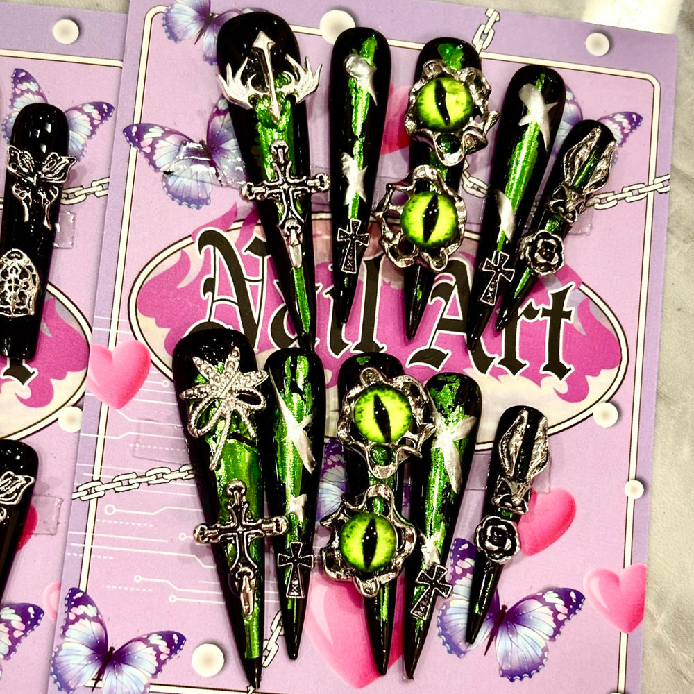 MellowBells premium handmade nails with baroque punk design and hex nuts for bold party style