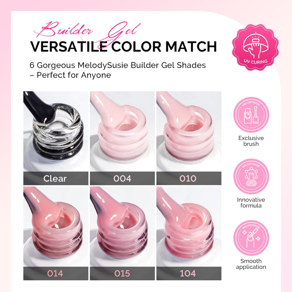 Six jelly pink builder gels offer thickness and longevity for nail extensions.