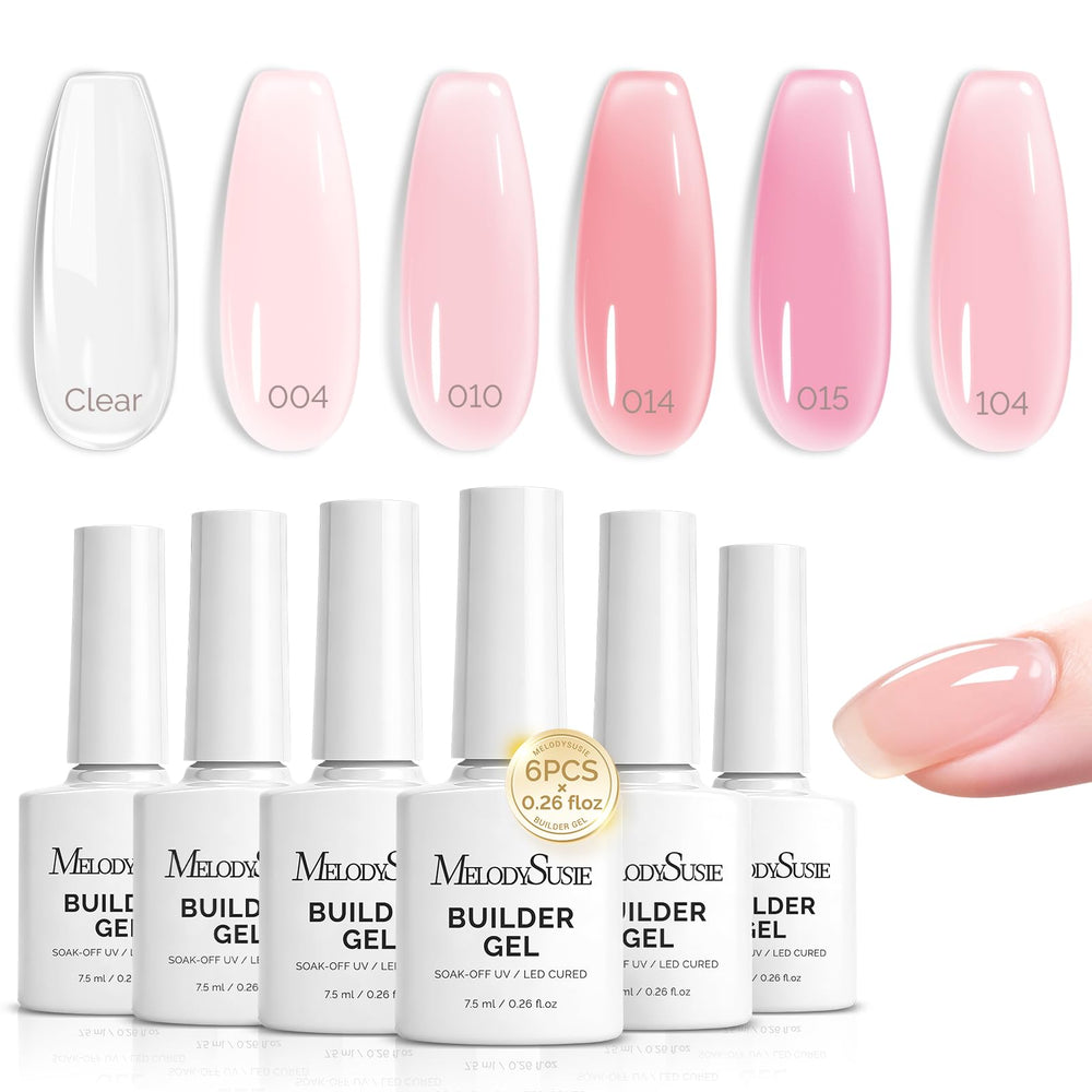 MelodySusie Builder Gel bottle display with six jelly pink colors for versatile nails.