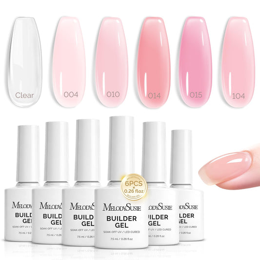 MelodySusie Builder Gel bottle display with six jelly pink colors for versatile nails.