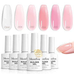 MelodySusie Builder Gel bottle display with six jelly pink colors for versatile nails.