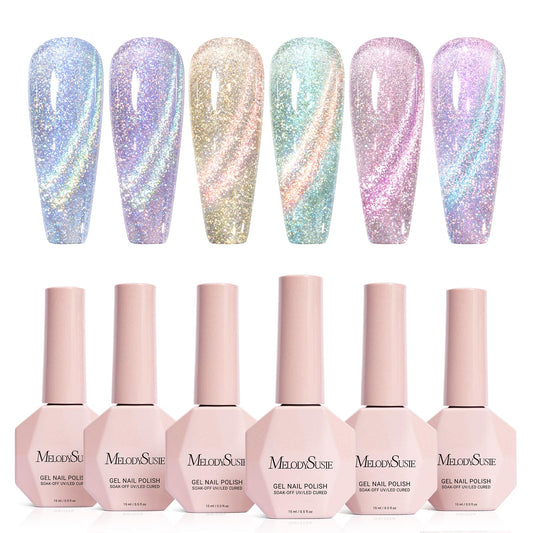 MelodySusie Glitter Cat Eye polish set with six bottles for versatile at-home manicures.