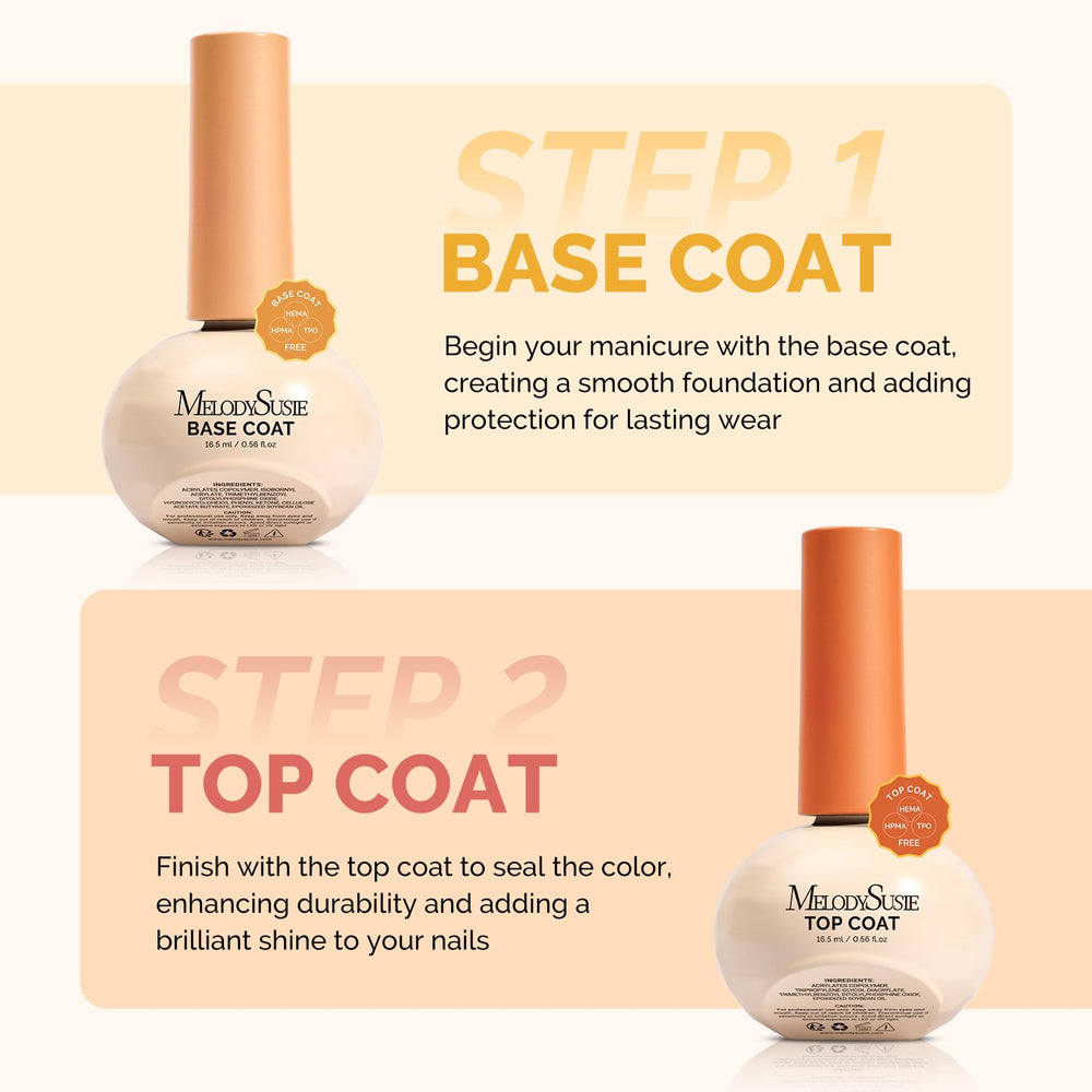MelodySusie long-wear shine bottle showcases a glossy finish on nails