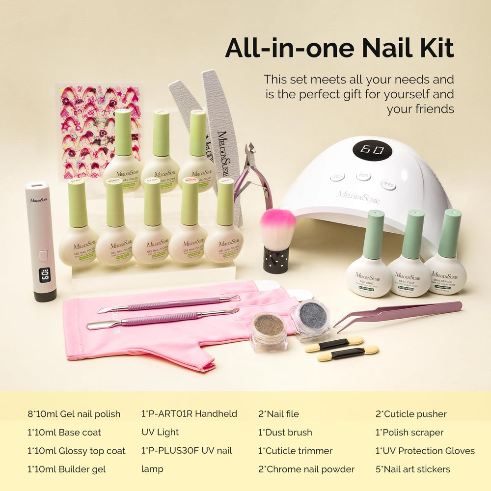 Nail art stickers included for creative home manicures.