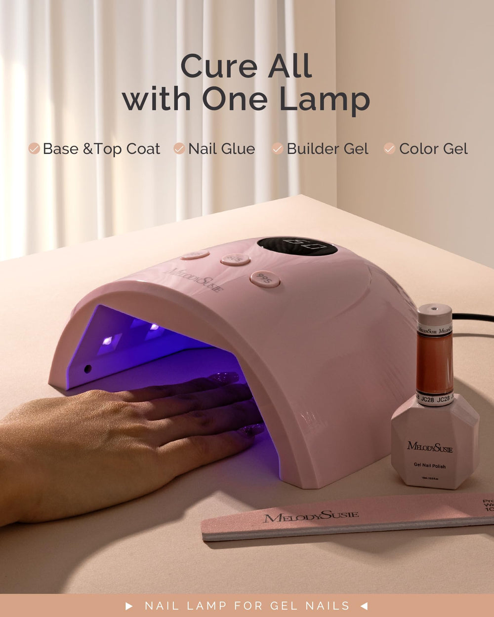 MelodySusie P-Plus30F nail lamp front angle shows slim desktop design.
