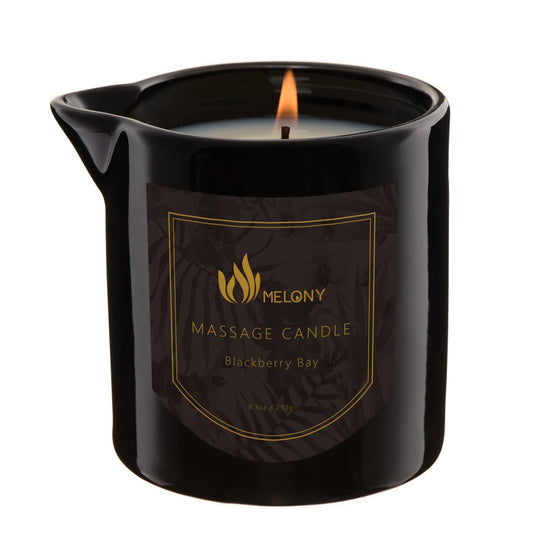 MELONY massage oil candle packaging highlights Blackberry Bay scent for home spa