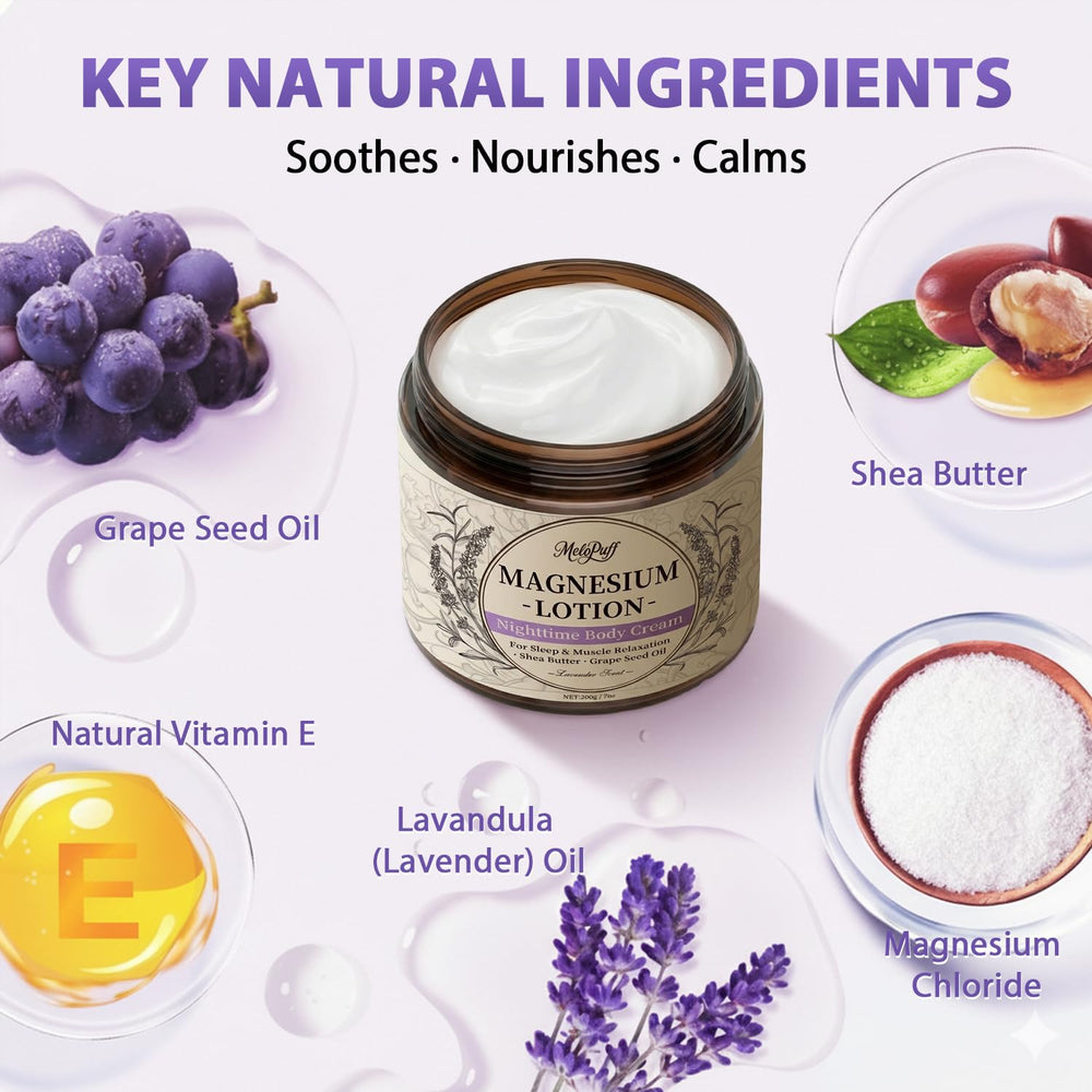 Melopuff lotion with grape seed oil absorbs quickly.