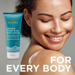 Melora Manuka Honey Body Lotion swatch highlights gentle, moisture-rich care for sensitive skin.